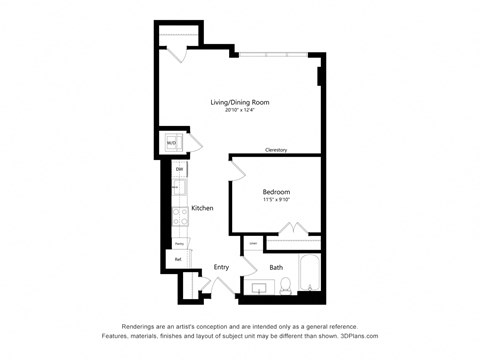 Floor plan for 1 bed, 1 bath, 664 sqft